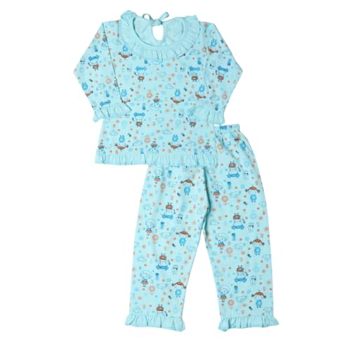 PARILUX Baby Girls’ -Piece Cotton Nightwear Set – Soft Long Sleeve Top with Ruffle & Cartoon Print + Pajama Bottoms | Lightweight, Breathable Sleepwear for Infants & Toddlers Blue