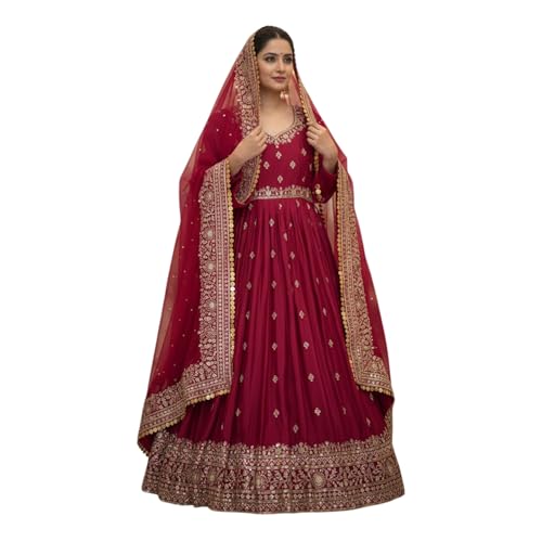 styledaura Women Chinon Silk Embroidered Anarkali Gown with Dupatta | Sequins & Zari Work | Fully Stitched Ethnic Wear | Long Flared Dress (Size-M, Maroon) (in, Alpha, XL, Regular)