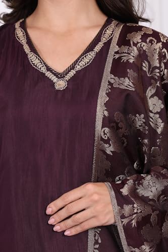 W for Woman Maroon Embroidered Silk Straight Kurta, Pants and Dupatta Set - (WS13298-224278-XL)