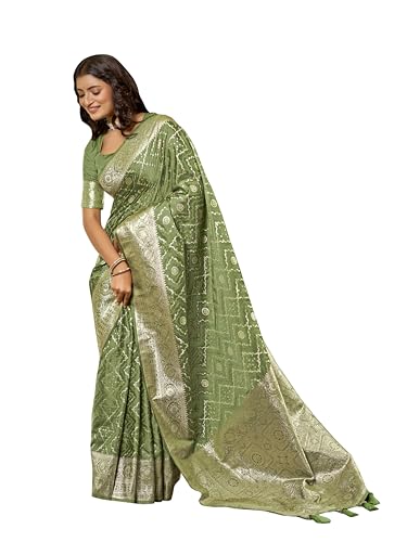 MANOHARI Women's Most Trendy Banarasi Satin Silk Woven Olive Green Saree With Heavy Jacquard Work Saree With Blouse Piece_MN2031
