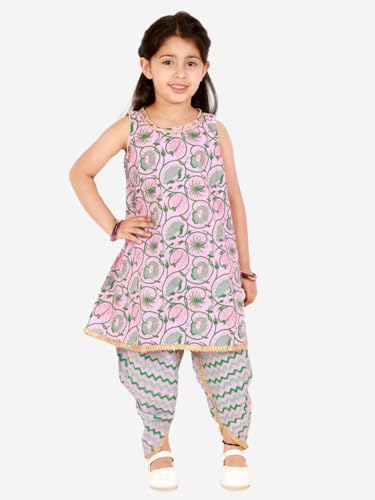 superminis Baby Girls Sangakari Print A Line Style Sleeveless, Round Neck Kurti and Dhoti with Elastic Closure Ethnic Dress (Pink, 6-7 Years)