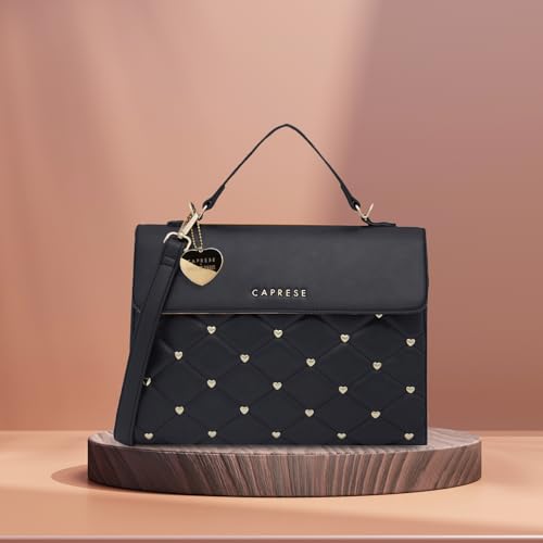Caprese Cheryl Satchel Bag, Large | Stylish Quilted Handbag for Women with Multiple Compartments & Adjustable & Detachable Sling Strap, Secure Zip Closure| Perfect for Casual & Daily Essential (Black)