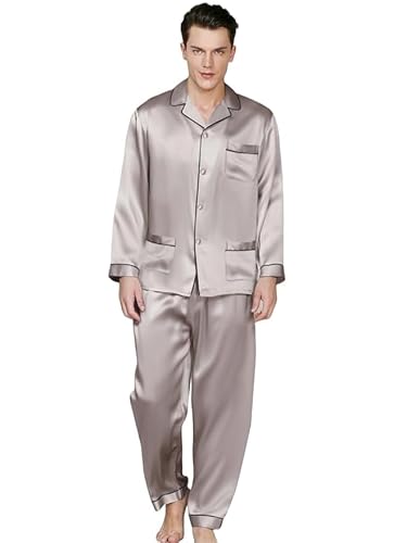 bellababebysk Men Satin Premium Piping Night Suit | Full Sleeve | Silky Satin | Nightwear | Loungwear Set | Size S to 5XL | Men Nightsuit (Silver, L)