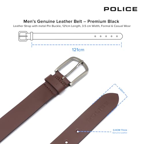 Police Genuine Leather Belt for Men | Formal & Casual Belt | Premium Leather Strap with Gunmetal Pin Buckle | Durable Stylish Office, Jeans & Dress Belt | Brown (XXL)
