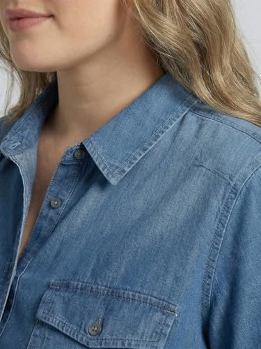 9 Impression Blue Solid Long Sleeve Plus Size Women's Denim Shirt with Flap Pocket On Chest (Blue; 4XL)