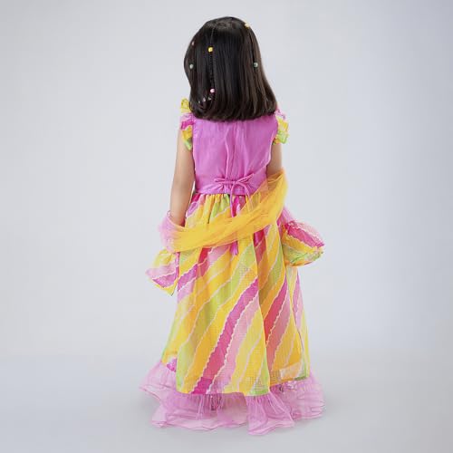 Hopscotch Girls Short Sleeves Yellow 3-Pc Embroidered Lehenga Set For Ages (5-6 Years)