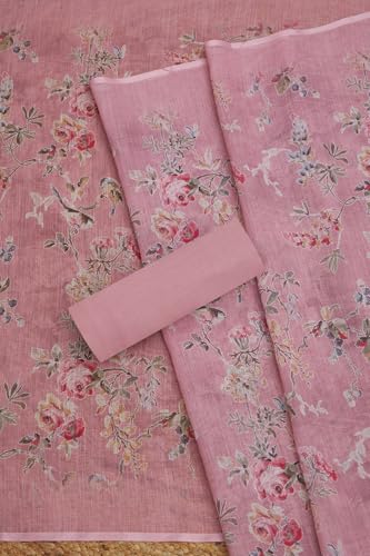 Soch Womens Blush Pink Linen Botanical Print Unstitch Dress Material With Sequins