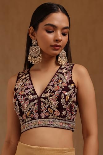 Soch Womens Wine Crepe Embroidered Padded Blouse with Sequins
