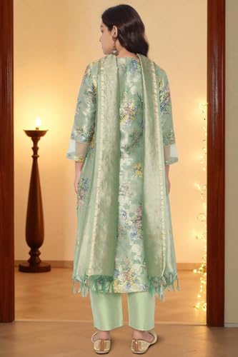 W for Woman Mint Green Printed Jacquard A-line Kurta, Straight Pant and Dupatta Set (Size: M)-WS13230-126423