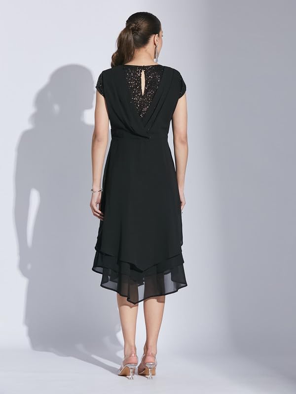 Latin Quarters Women Black V-Neck Cap Sleeve Solid Dress_XXL