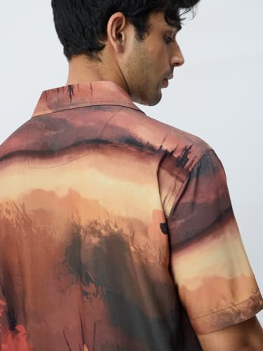 The Souled Store Hawaiian Shirt: Autumn Men and Boys Short Sleeves Collared Neck Button Front Brown All Over Printed Rayon Regular Fit Lightweight Casual Holiday Shirts