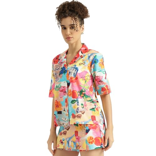 United Colors of Benetton Regular Fit Spread Collar Collage Print Shirt (Size: M) - 26P5WVNTPX69I901 Multicolor