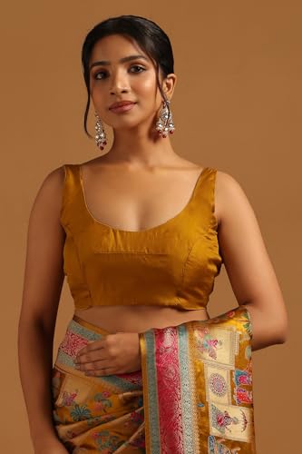 Soch Womens Mustard Satin Ethnic Motif Saree With Zari Woven