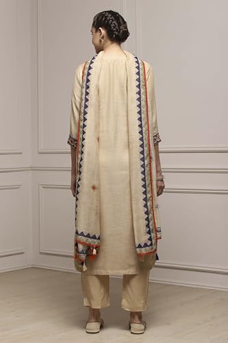 Biba Women Beige Linen Blend Hand Painted Unstitched Suit Set_FREE SIZE