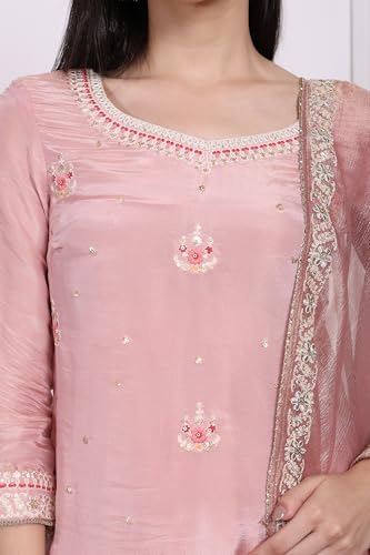 W for Woman Pink Embroidered Zari Embellished Straight Tissue Kurta with Sharara and Dupatta Set (WS13087-224072-S)