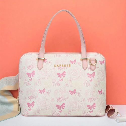 Caprese Scarlet Small Satchel Bag for Women | Printed Faux Leather Handbag | Multi-Compartment Purse | Adjustable & Detachable Strap | Zipper Closure | Stylish Everyday Bag (Pink Sorbet)