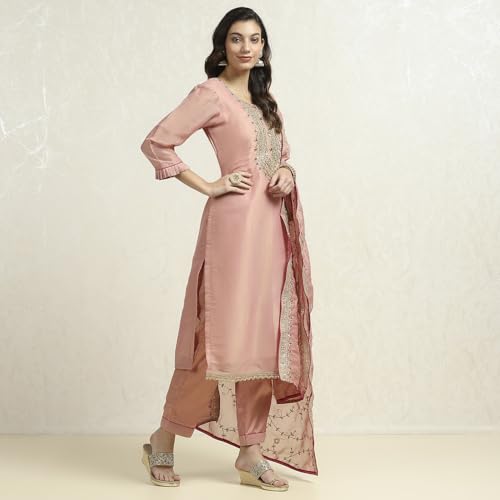 BIBA Women's Pink Tissue Machine Embroidered Unstitched Suit Set