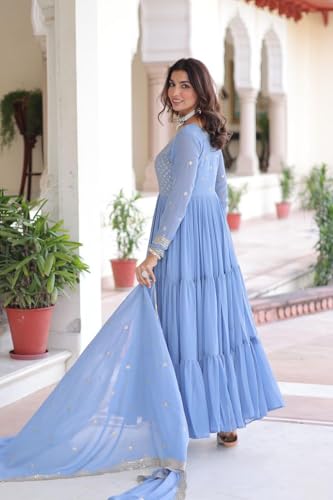 PRISTIQ Fashion Faux Georgette Anarkali Dress Set with Dupatta, Embroidered, Traditional Indian Ethnic Wear, (in, Alpha, 2XL, Regular, Sky)