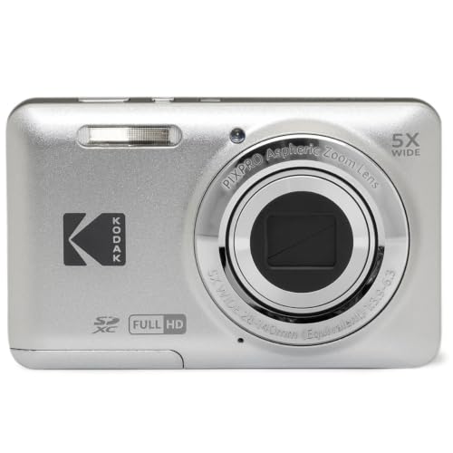 Kodak PIXPRO FZ55 Digital Camera (Silver) | 16MP Sensor, 5X Optical Zoom, 28mm Wide-Angle Lens & Full HD Video | Great for Travel & Beginner Photography (FZ55SR) + 64GB Card + Case + Cleaning Cloth