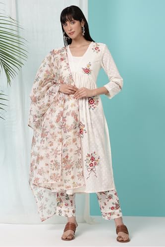 W for Woman White Floral Printed Textured Cotton Gathered Kurta, Pants and Dupatta Set (Size: 2XL)-WS11620-222350