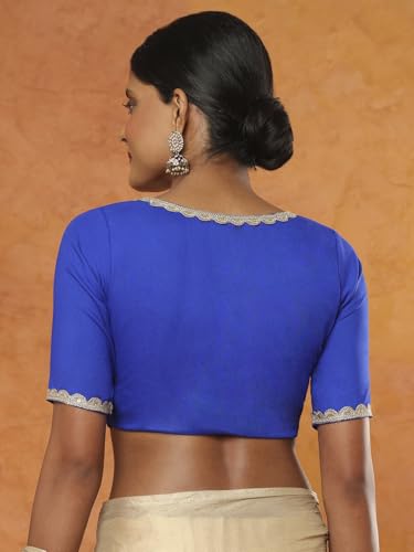 SALWAR STUDIO Blue Rayon V Neck Elbow Sleeves Readymade Saree Blouse