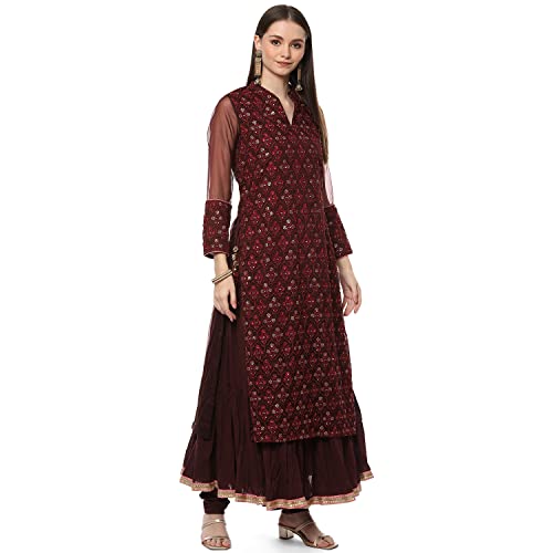 BIBA WOMEN EMBROIDERY LAYERED SALWAR KURTA DUPATTA(SKD8281_WINE_32)