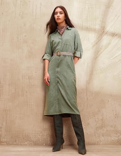 U.S. Polo ASSN. Women Solid Midi Shirt Dress (UWAW25DRS177_Olive_M)