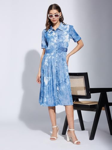 Latin Quarters Women Blue Collar Neck Half Sleeve Printed Shirt Dress_M