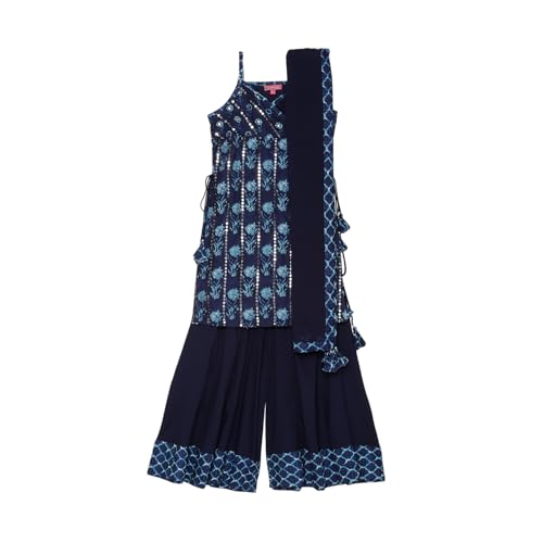 BIBA Girl's Cotton Kurta, Sharara, Dupatta (KWMNM6223AW24IND_Indigo