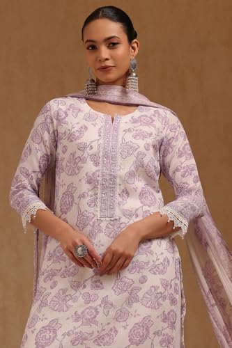 Soch Womens Off White Linen Floral Print Salwar Suit With Beads