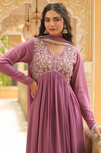 Janasya Lavender Yoke Embroidery Kurta with Palazzo & Dupatta For Women Georgette Fabric Latest Fashion