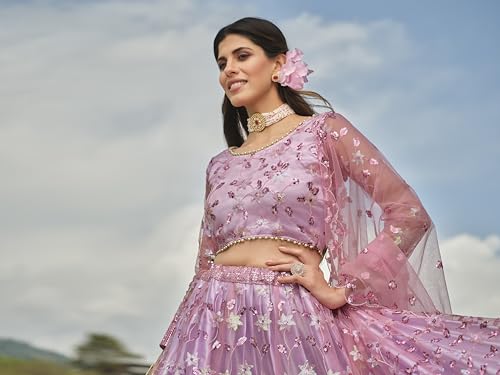Divine Exim Women's Net Semi Stitched Lehenga Choli with Dupatta | Thread and Sequin Embroidery Pattern | Traditional, Wedding, Ethnic Wear Lehenga (Lavender)
