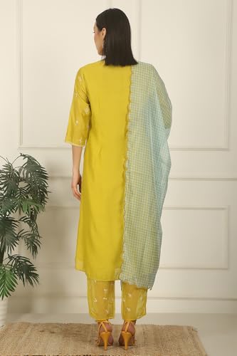 W for Woman Celery Green Embroidered Chanderi Straight Kurta, Pants and Dupatta Set (Size: XS)-WS12516-223370