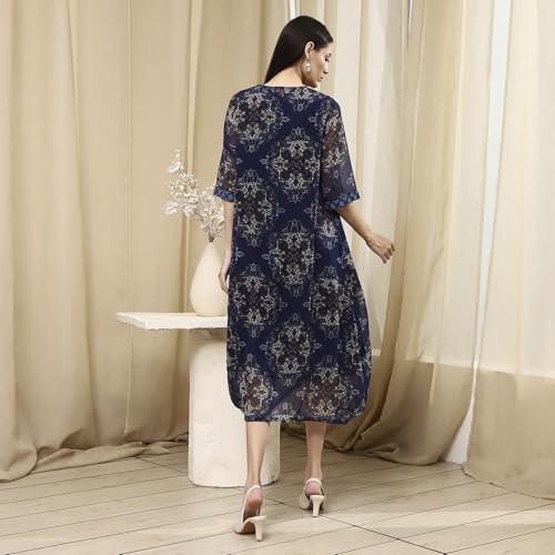 Biba Women's Georgette A-Line Knee-Length Casual Dress (VINWIN30557AW25BLU_Blue