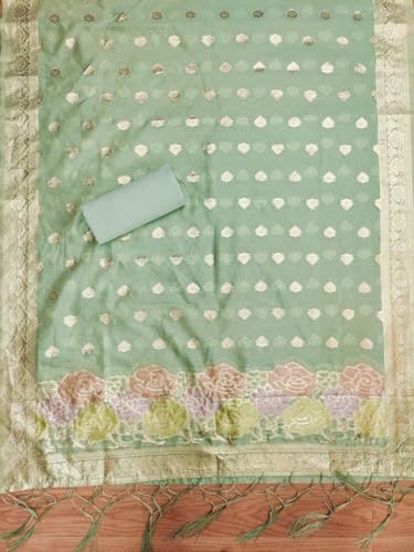 SHANTVAN GALLERY Banarasi Organza Cut Paste Suit Set with Silk Jacquard Dupatta, Heavy American Crape Bottom, 2.5 Meter, (Green)