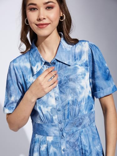 Latin Quarters Women Blue Collar Neck Half Sleeve Printed Shirt Dress_M