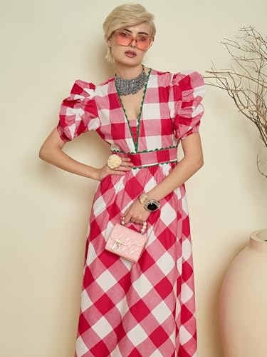 Pink Paprika by Sassafras Women's Pink Big Check A-Line Midi Dress-M