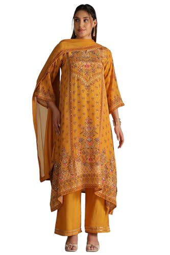 Soch Womens Mustard Crepe Floral Print Suit Set With Stone Work