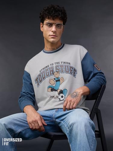 The Souled Store Popeye: Strong to The Finish Men and Boys Long Sleeve Round Neck Grey and Blue Graphic Casual Lightweight Drop Shoulder Streetwear Trendy Oversized Full Sleeve T-Shirt