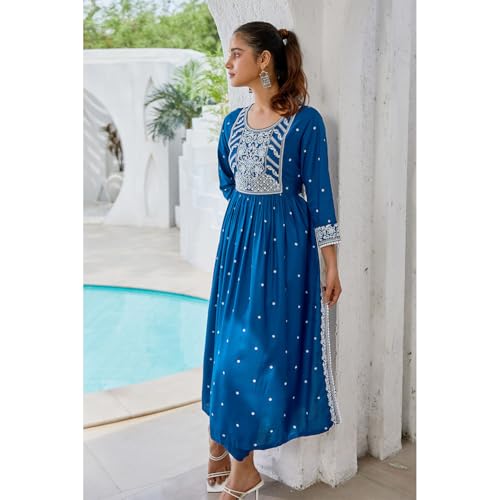 Rangriti Women Viscose Printed Straight Suit Set (DORI19025SS24IND_Blue