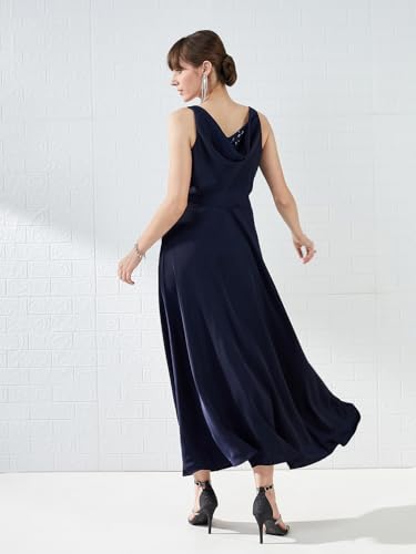 Latin Quarters Women's Blue Sleeveless V-Neck Solid Party Maxi Dress_M