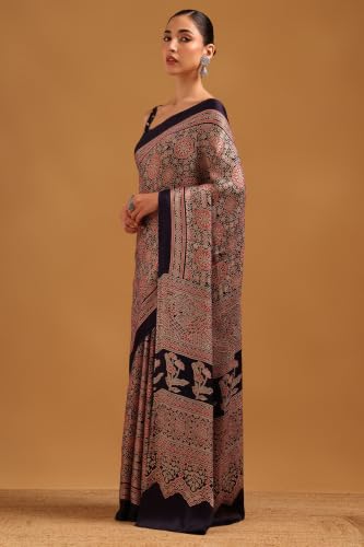 Soch Womens Navy Blue Viscose Ajrak Saree