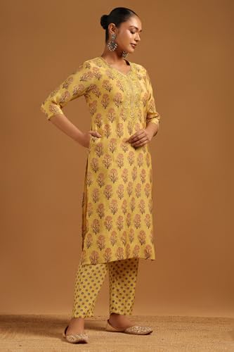 Soch Womens Yellow Muslin Botanical Embroidered Kurta Set