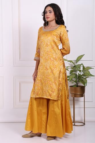 W for Woman Yellow Floral Jacquard Straight Kurta with Sharara and Dupatta Set - (WS13244-314323-S)