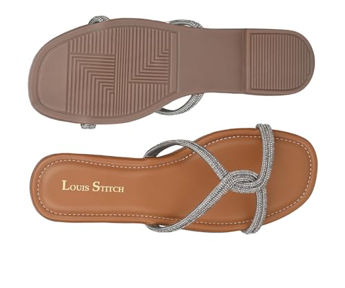 LOUIS STITCH Women’s Fashion Flat Tan Slip-On Sandals | Open Toe Silver Cross Strap Flat Slipper for Ladies | LSOF-LDSL-CRCSGM| (UK-7)
