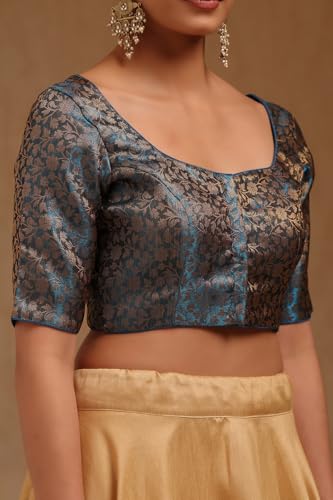 Soch Womens Turquoise Blue Tissue with Zari Woven Padded Blouse