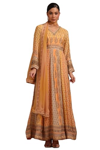 Soch Womens Mustard Viscose Botanical Print Gown with Sequins