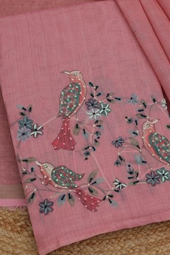 Soch Womens Blush Pink Linen Shimmer Bird Motif Unstitched Dress Material With Thread Work