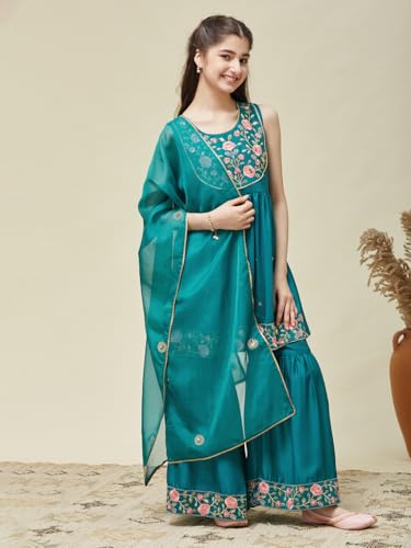 CURLY TALES Chinon Embroidered Kurti Sharara Set for Girls | Ethnic Suits for Teens