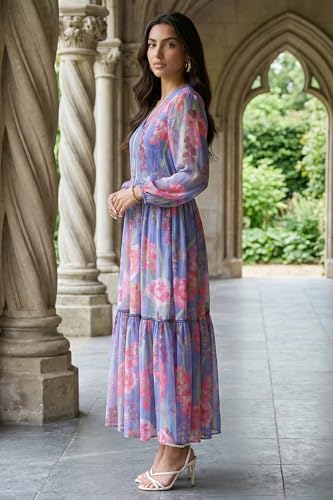 W for Woman Blue Floral Printed Chiffon Flared Dress - (W13789-125340-L)